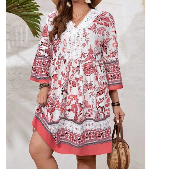 Plus Floral Print V neck High Waisted Dress - Picture 9 of 12